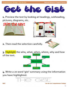 The Get the Gist strategy assists students in finding the main idea by helping them to limit the number of words and focusing on important ideas. The Get the Gist strategy assists students in finding the main idea by helping them to limit the number of words and focusing on important ideas.