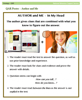 The QAR strategy provides a basis for teaching three comprehension strategies: locating information; showing text structures and how the information is organised; and determining when an inference or reading between the lines is required. The QAR strategy provides a basis for teaching three comprehension strategies: locating information; showing text structures and how the information is organised; and determining when an inference or reading between the lines is required.