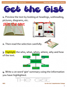 The Get the Gist strategy assists students in finding the main idea by helping them to limit the number of words and focusing on important ideas.