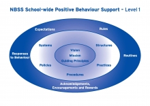 The NBSS sees a school-wide approach to positive behaviour as fundamental to its work with schools. At Level 1 the NBSS works with schools, for example, on vision, mission, systems, structures, policies, practices, rules, routines and expectations.